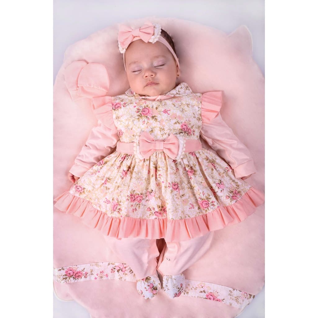Saída Maternidade Menina Pompom Floral Salmão 05 Peças Roupa de Bebê Menina