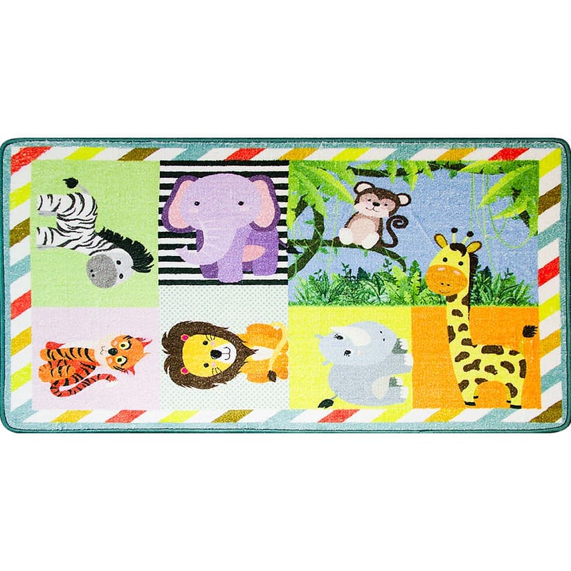 Tapete Infantil Macio Zoologico Leao Zebra Girafa Elefante Safari Antiderrapante Grande Aconchegante 1,10 m x 57 cm