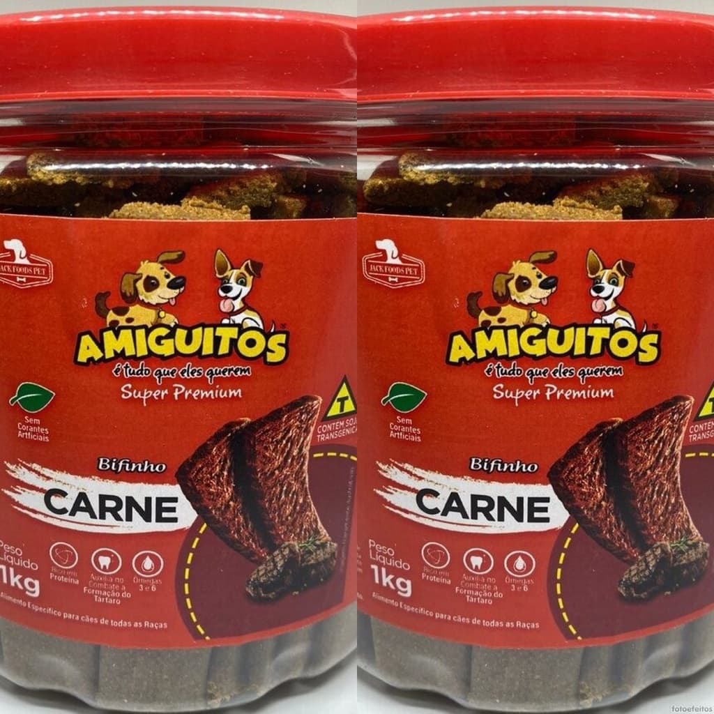 2 Potes de 1kg Bifinhos Caninos Amiguitos Sabores Carne