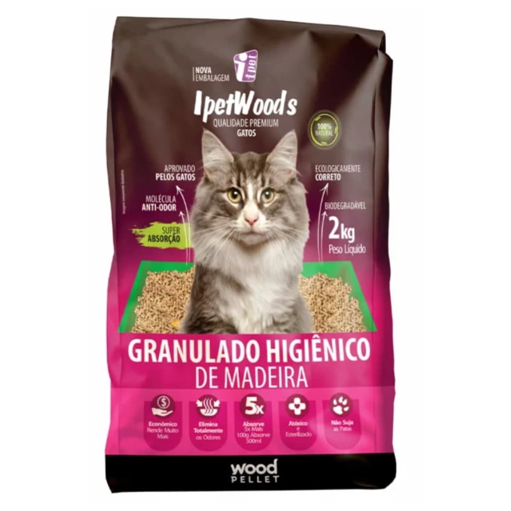 Granulado Higiênico de Madeira para Gatos Ipet Woods 2Kg