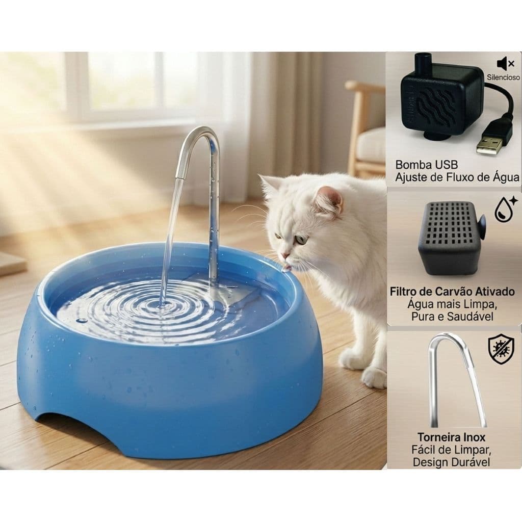 FONTE BEBEDOURO AUTOMÁTICO PARA GATOS 1,2 LITROS TORNEIRA INOX COM CARVÃO ATIVADO