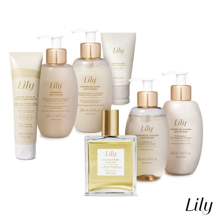 Linha Lily Acetinados (o Boticário): Shampoo, Condicionador, Óleo Multifuncional, Creme Mãos, Leave-in, Creme Banho +