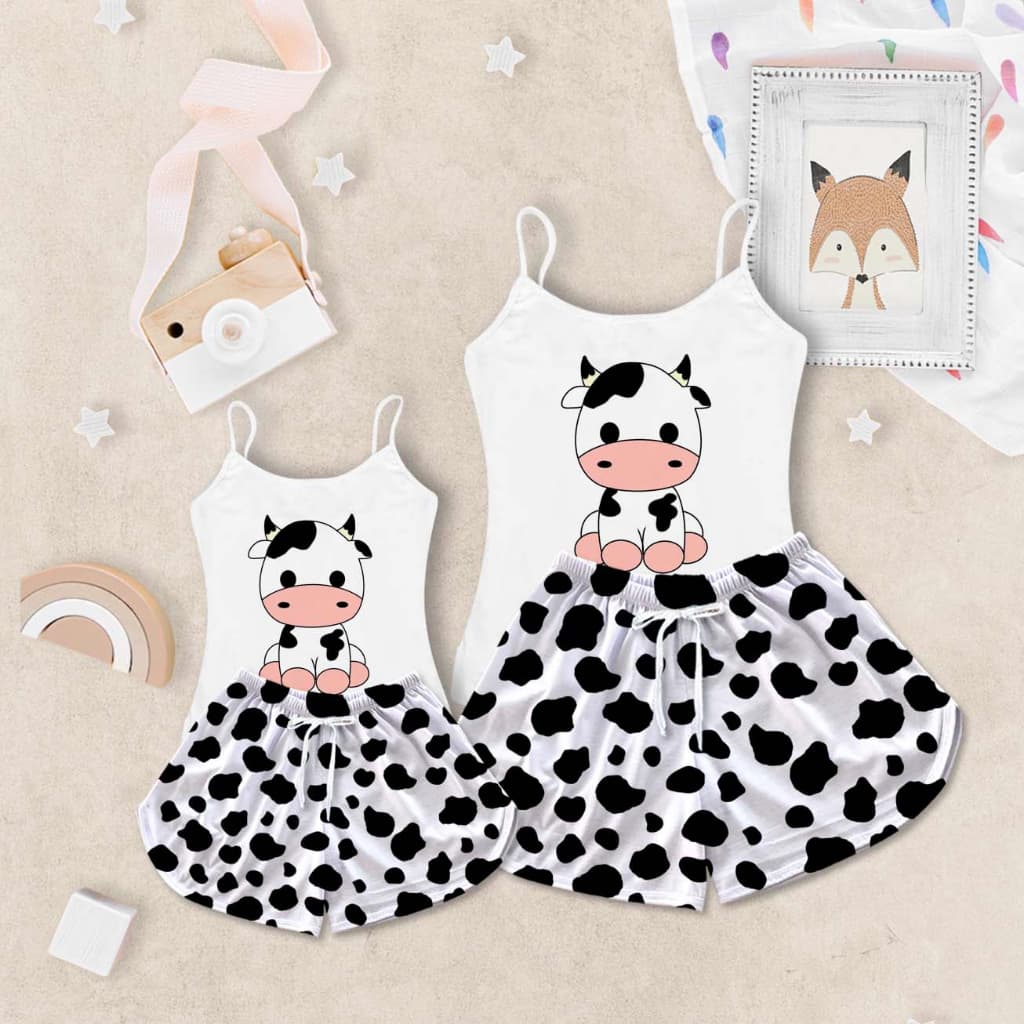 Conjunto Kit Tal Mãe e Filha Pijama Feminino Vaca Preta