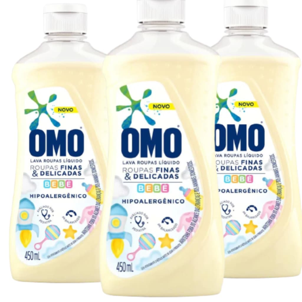 Kit 3 Sabao Liquido OMO Roupas Finas e Delicadas Bebe 450 Ml Cada