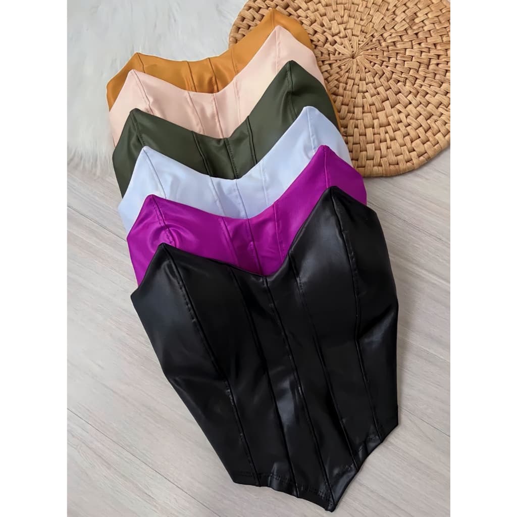 Cropped Feminino Morcego Preto Courino Couro Fake Corselet Crooped Top Tomara Que Caia Corset Com Bojo