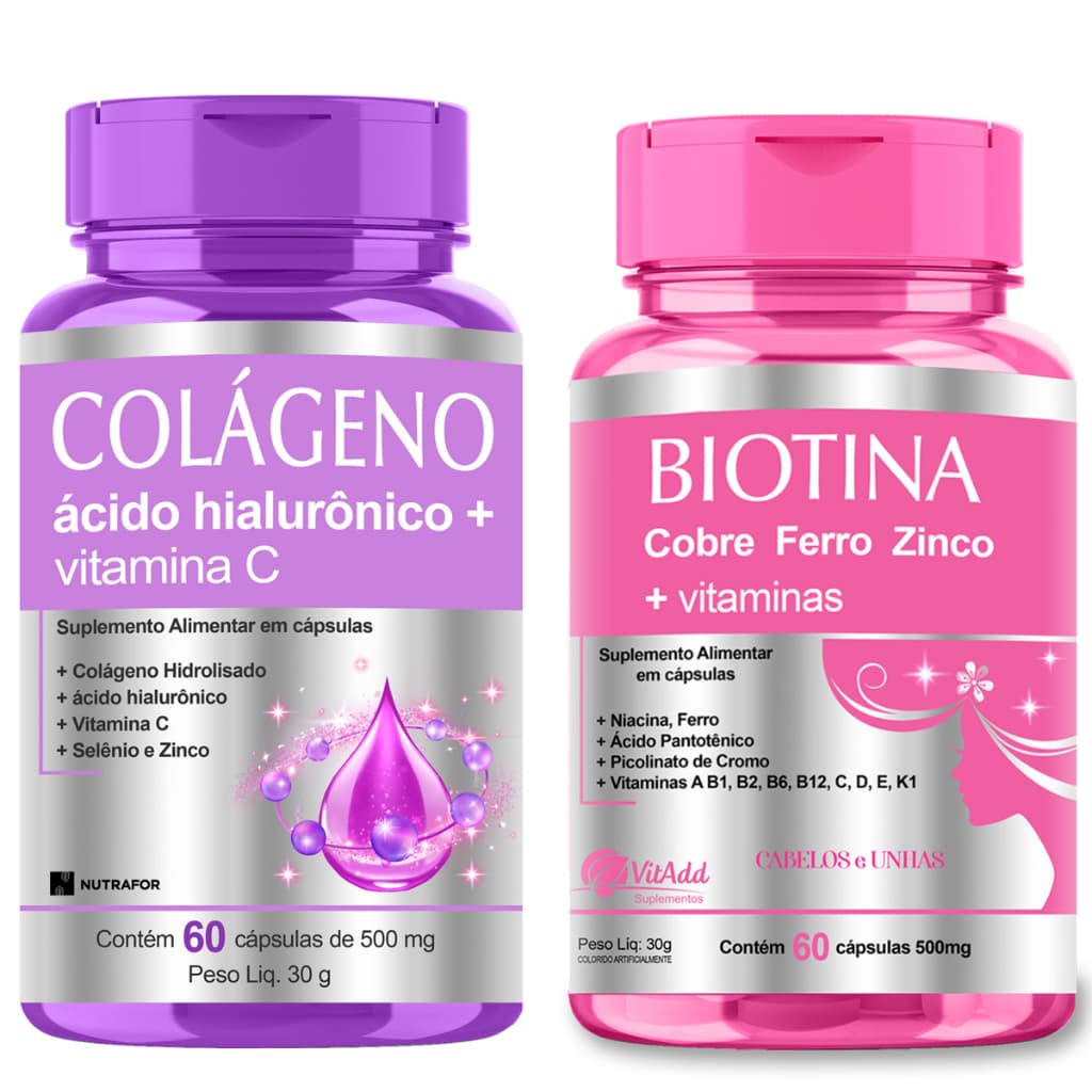 Kit Pele Cabelos e Unhas: Colágeno + Ácido Hialurônico + Biotina e Vitaminas 120cps