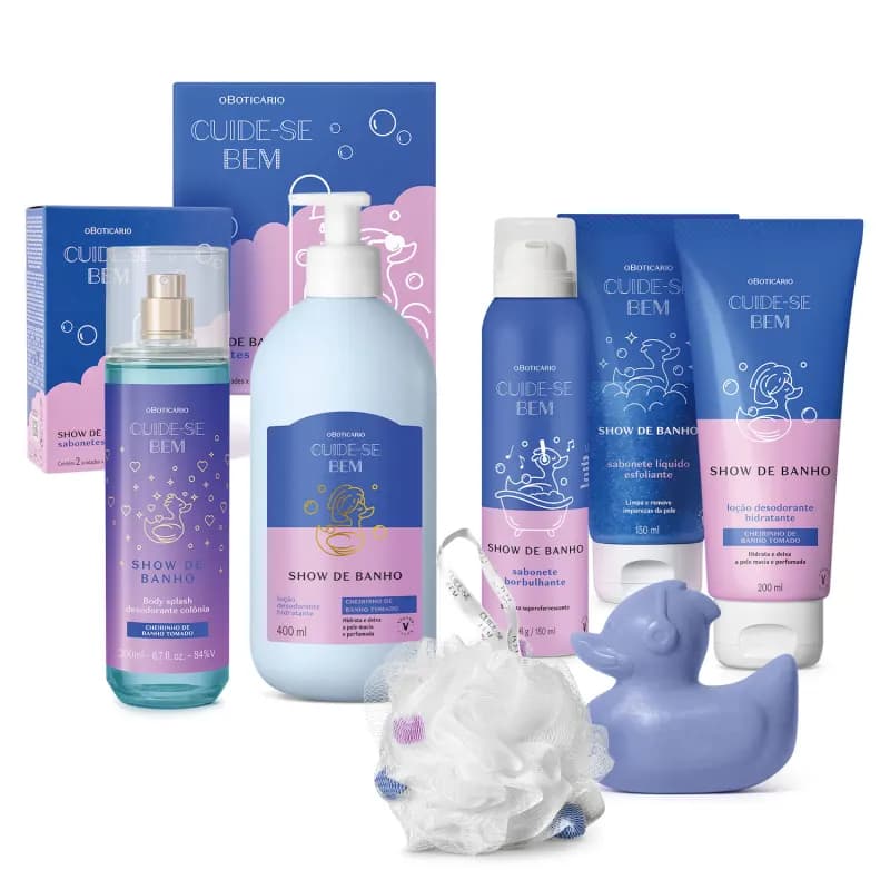 Cuide-se Bem Show de Banho (o Boticário): Sabonete Esfoliante, Hidratante Corporal, Body Splash, Sabonete Borbulhante