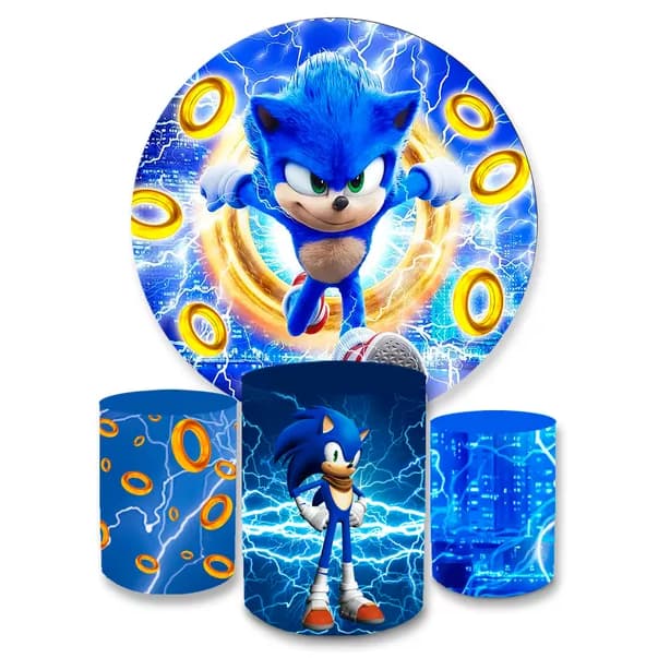 Kit Decorativo Painel Redondo C/ Elástico + Trio Capa Cilindro S0n!c Jogo Veste Fácil Sublimado