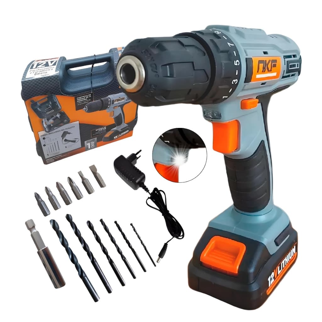 Parafusadeira Furadeira Sem Fio 12V Com Maleta Bateria Brocas e 13 Acessórios FP12X NKF