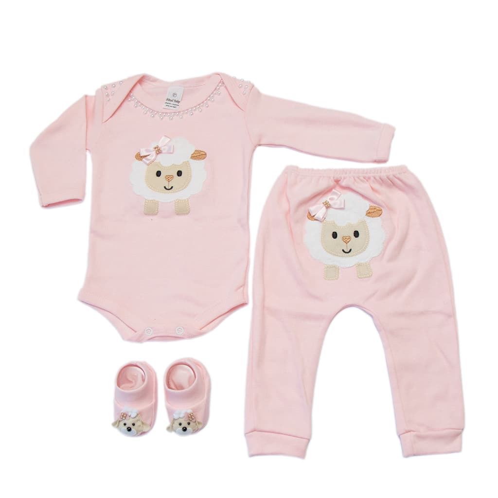 CONJUNTO 3 PEÇAS BORY BEBE C/ MIJAO BORDADO E SAPATINHO TEMA OVELHA