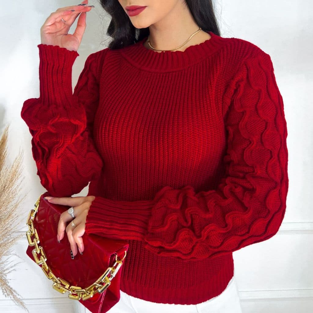 Blusa Feminina De Tricot Manga Longa Colmeia Onda Tricô Inverno Suéter Trico