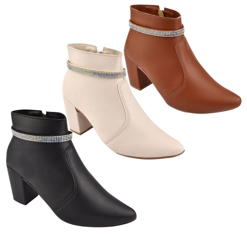 Bota Feminina Salto Grosso Cano Curto com Strass Ziper e Bico Fino