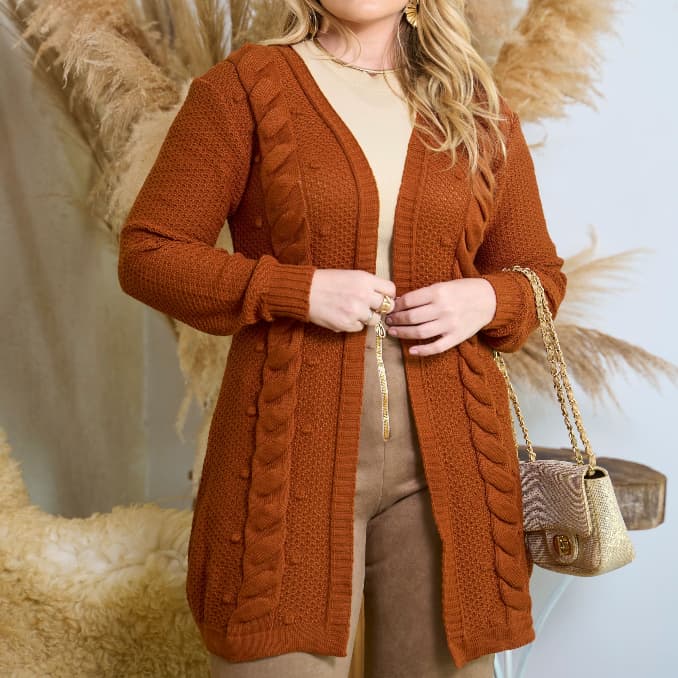 Casaco Cardigan Aberto Manga Longa Tranças Tricô Inverno Lançamento