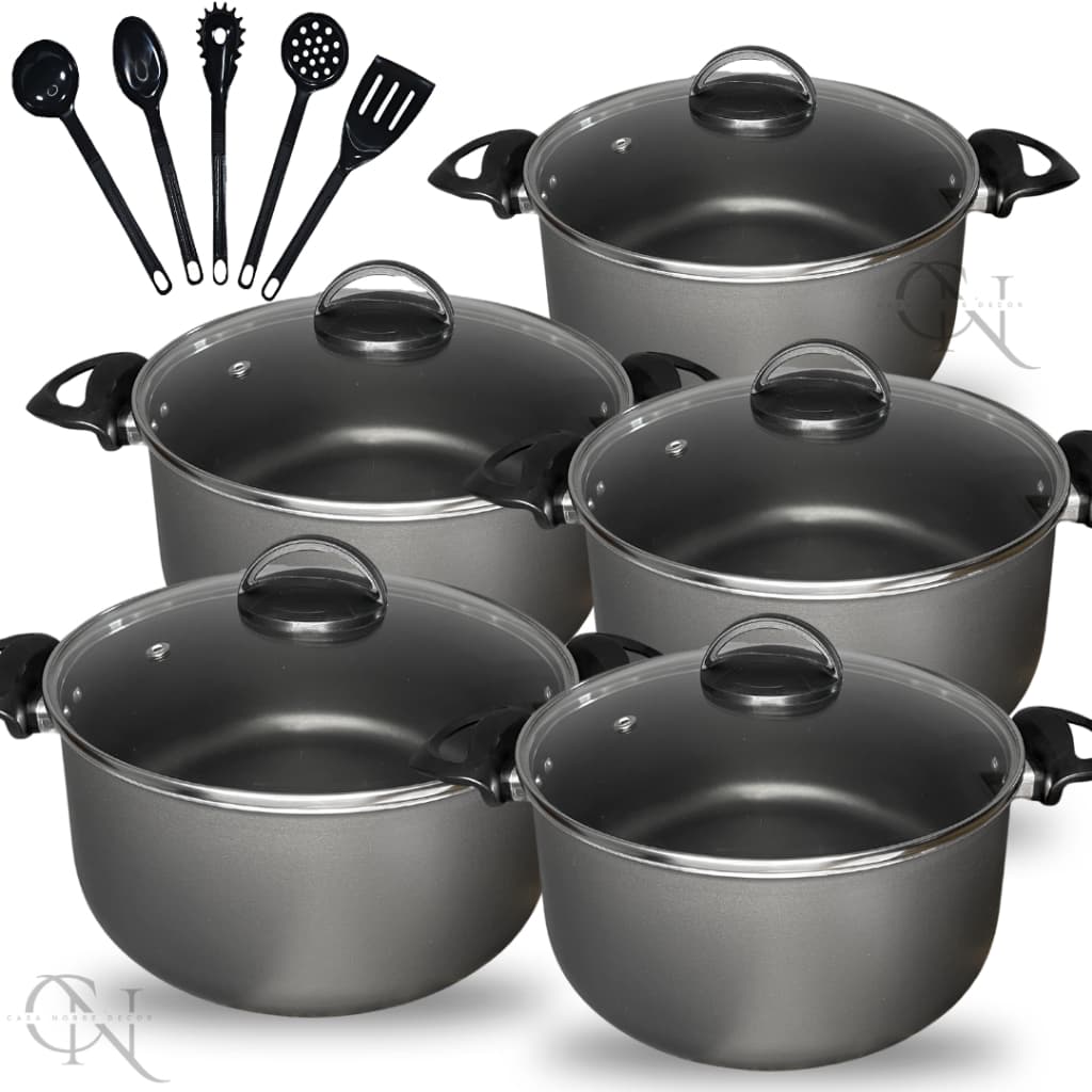 Kit Jogo de Panelas 10 peças Caçarolas Antiaderente Teflon com Tampa Vidro e Utensílios