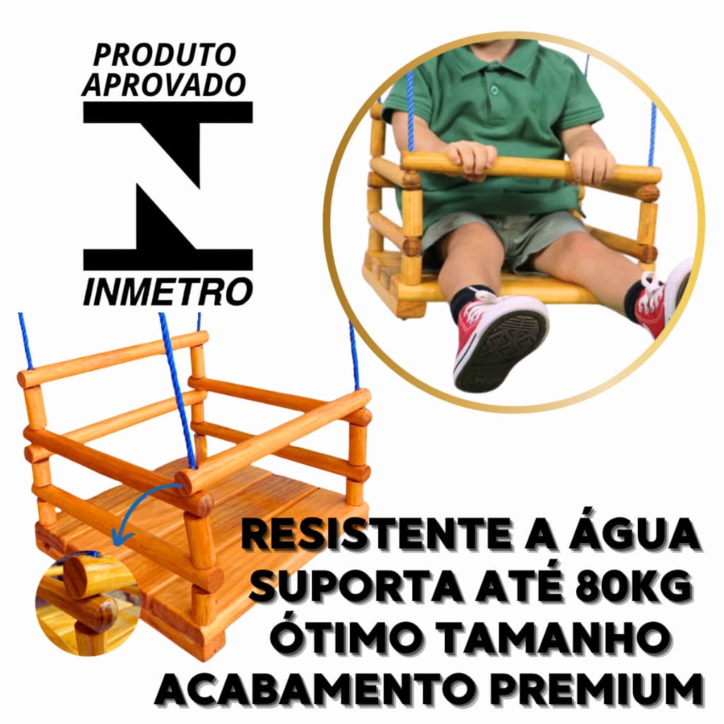 Cadeirinha De Balanço Infantil Madeira Corda Em Nylon 12 Mts Certificado Pelo Inmetro