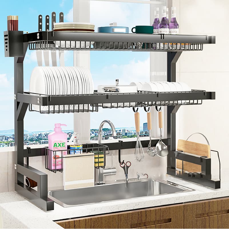 Um ou dois andares 65/85cm Escorredor De Louça Suspenso Kitchen Rack Açoa Inoxidável Organizador Louça Preto Para Pia