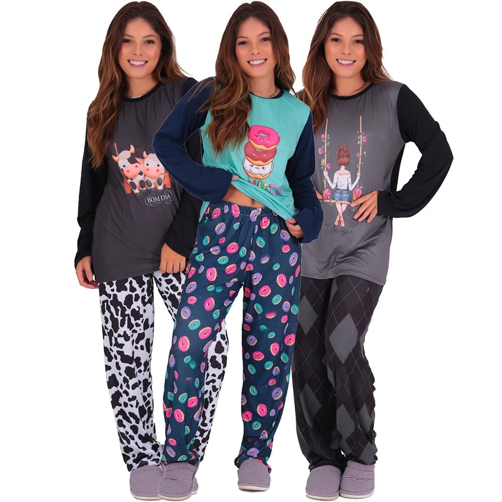 Kit 3 Pijamas Manga Longa Felpado Suede Moda Feminina