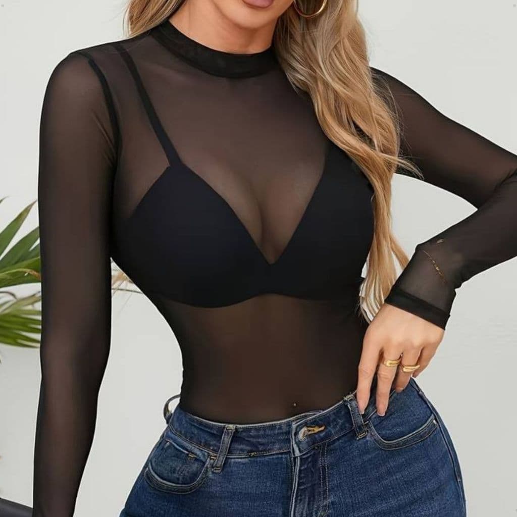 Blusa  feminina  Blusinha manga longa transparente gola alta Casual
