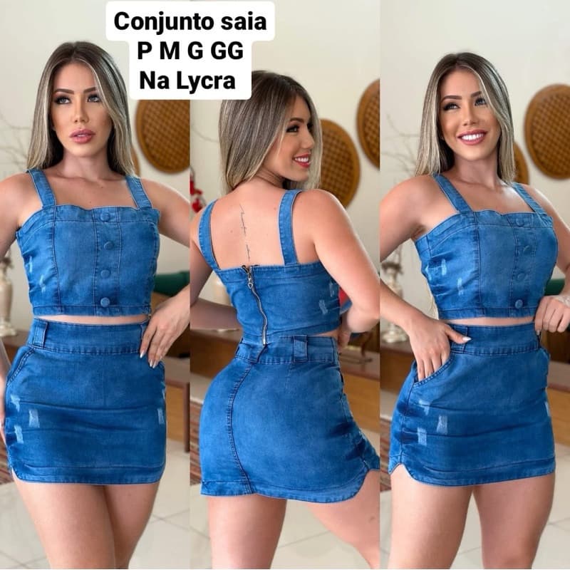 CONJUNTO JEANS COM LYCRA SAIA + CROPPED CASUAL MODA FEMININA