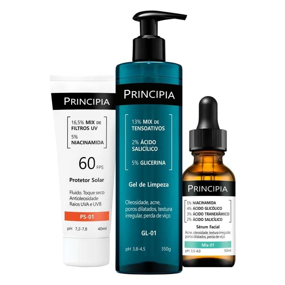 Principia Kit Anti-Acne Trio c/ Gel de Limpeza GL-01 + Sérum Mix-01 + Protetor Solar Facial PS-01 FPS 60