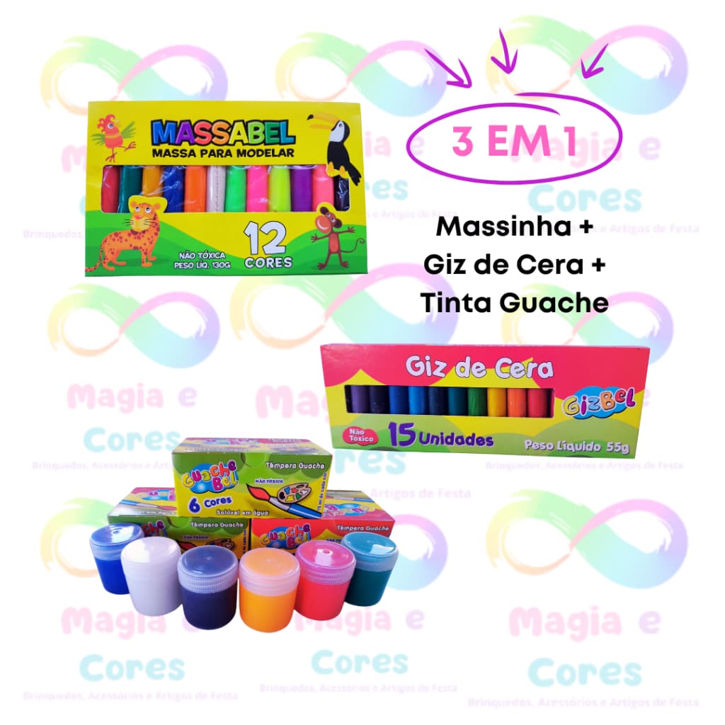 Kit Escolar - Massinha de Modelar + Giz de Cera + Tinta Guache