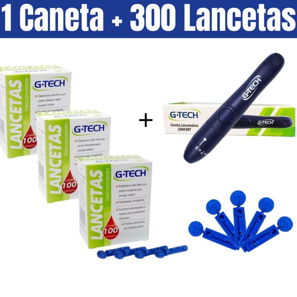 Kit Medidor Monitor De Glicose Com 300 Lancetas Glicosimetro Glicemia + Caneta Lancetadora G-tech