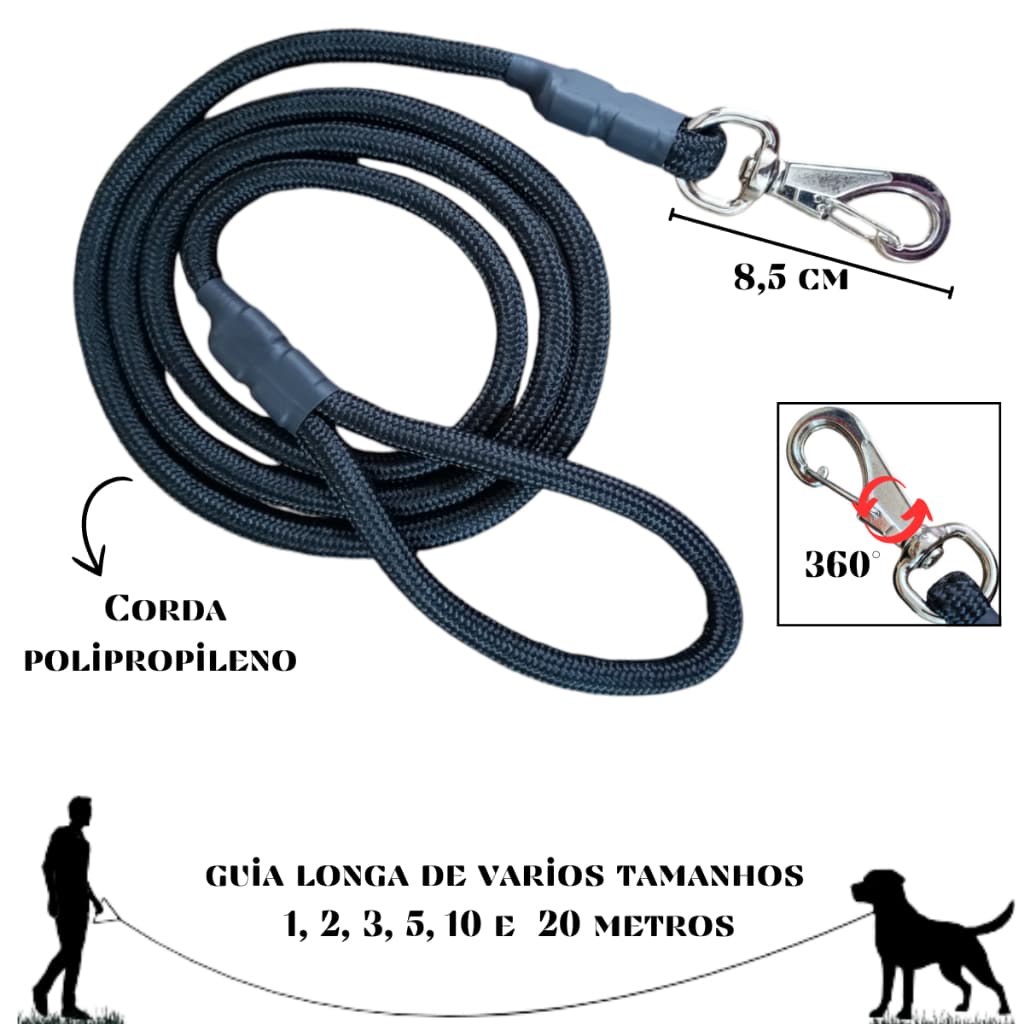 Guia De Cachorro de 1a 20 Metros Corda de Poli 10 Milimetros Com Mosquetão Reforçado