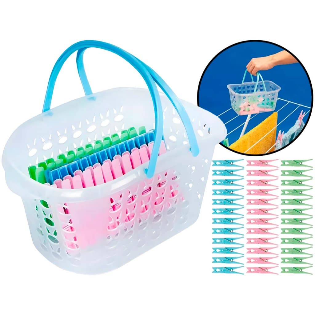 Cesto Com Alça P/ Prendedor Com 36 Pregadores De Roupa Para Varal Lavanderia Mor