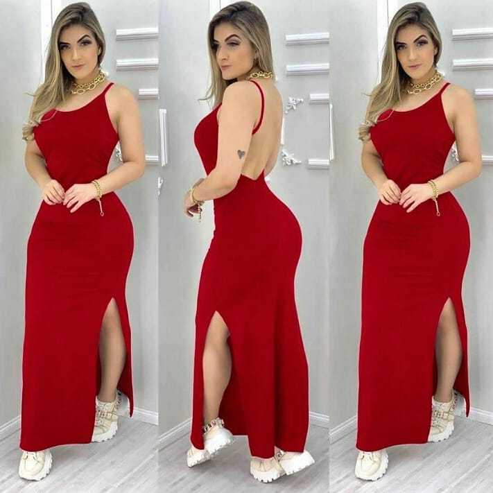 Vestido Longo Feminino Alcinha Fina ,Costa Nua com Bojo ,Canelado Lisa , Fenda Lateral , Verão