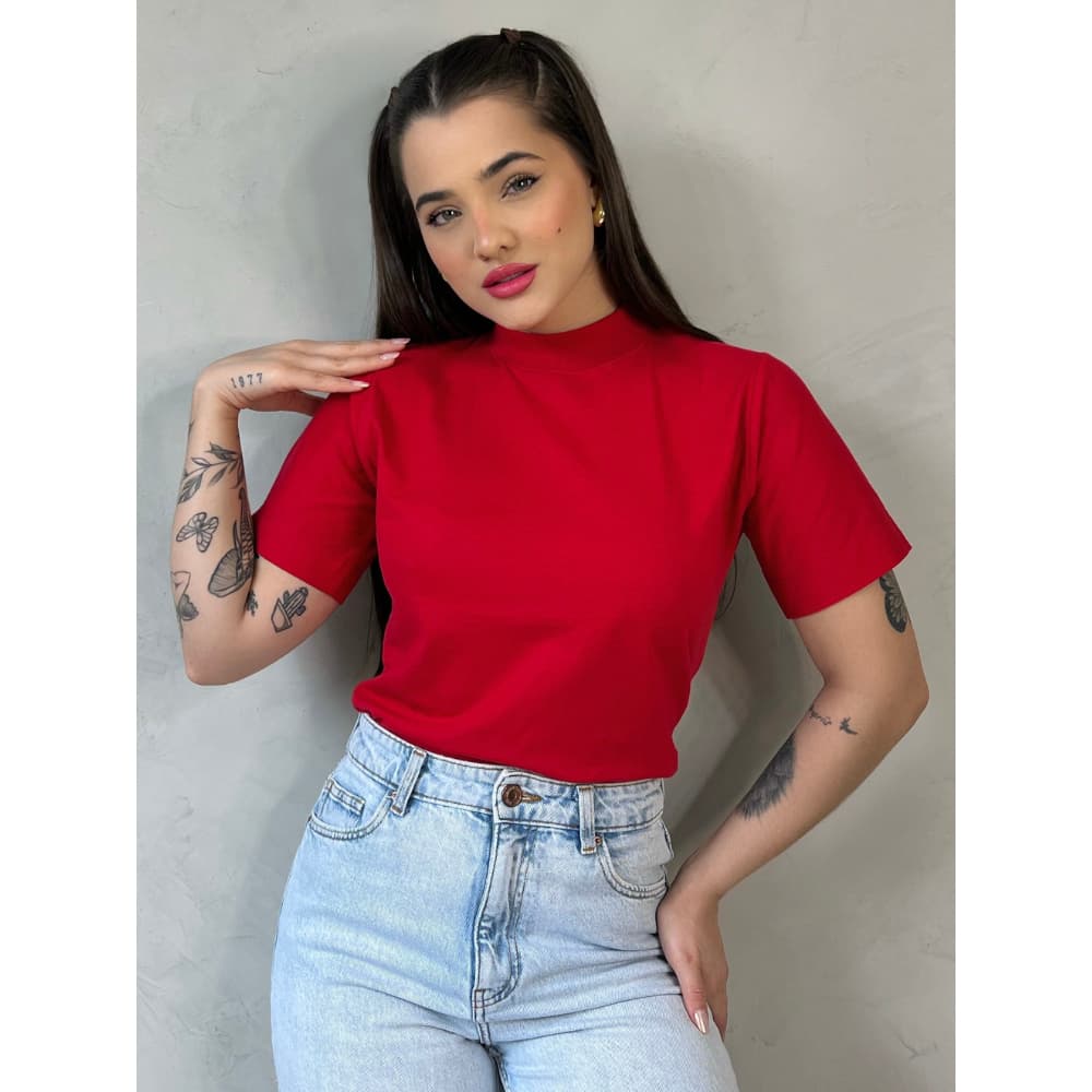 Blusas Gola Alta T-shirt Feminina Camiseta Básica Lisa 100% Algodão