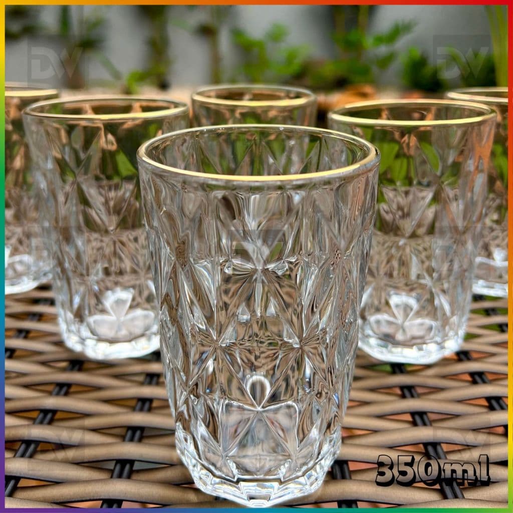 Jogo 6un Copos Diamante Transparente com Borda Dourada Borda de Ouro 350ml