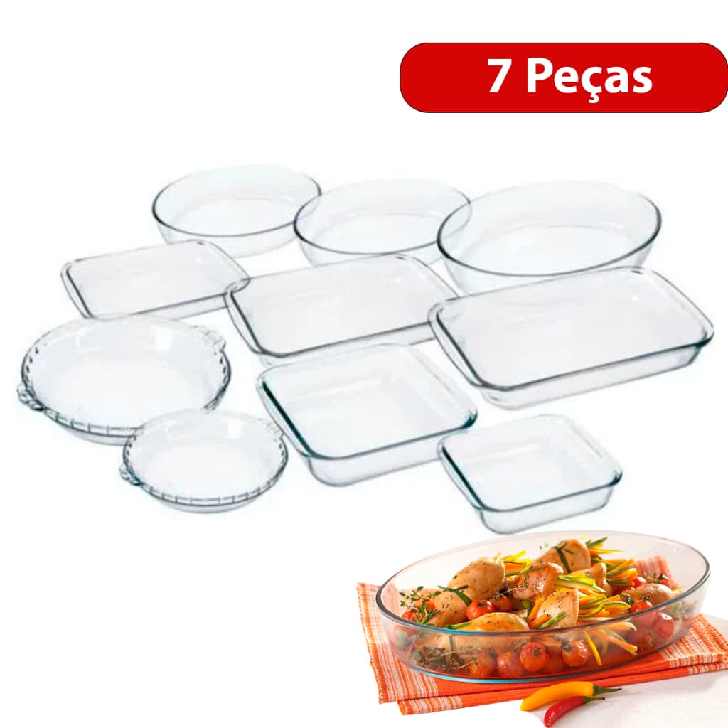 Conjunto Marinex Jogo de Travessas 7 peças Variadas em Vidro Temperado próprias P/ Forno
