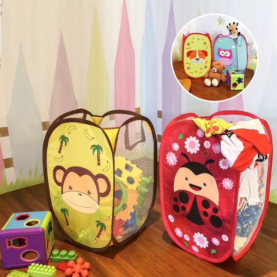 Cesto Dobrável Infantil para Brinquedos e Roupas Personagens Tela Resistente 50cm Personagens