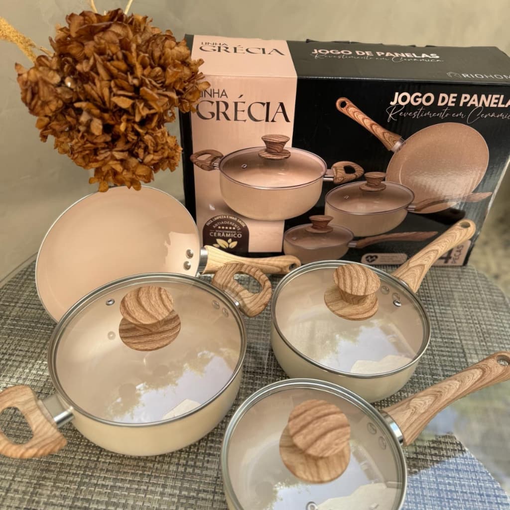 Jogo de Panelas Caçarola 4 Peças Antiaderente Tampa de Vidro Luxo Frigideira Não Usa Óleo Não Gruda