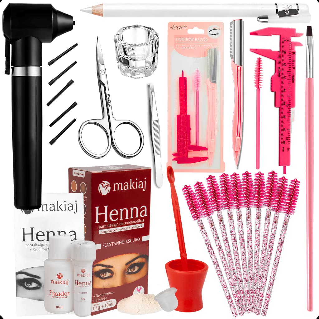 Kit Profissional Designer de Sobrancelhas Henna Paquimetro e Acessórios Alto Rendimento Fixação Rena