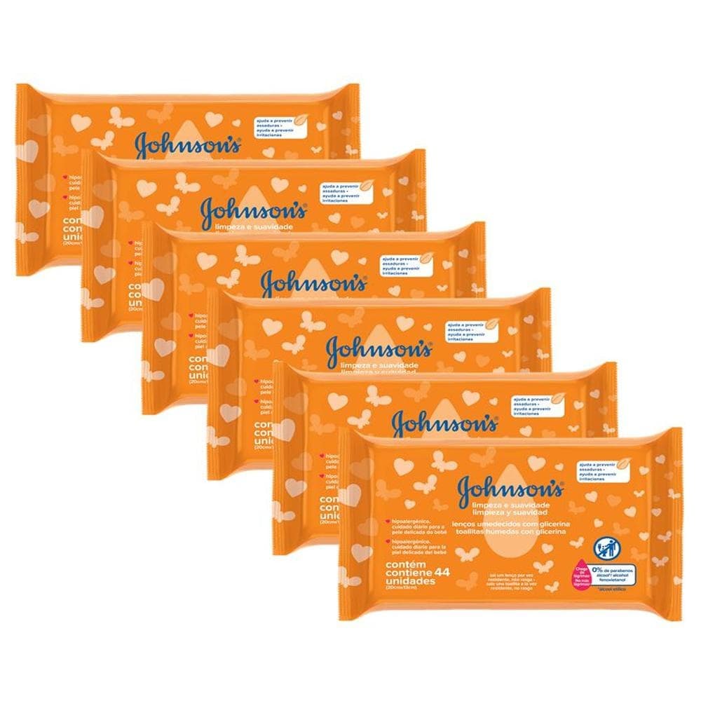 Kit com 6 Lenços Umedecidas Johnson's Baby Limpeza e Suavidade 44un cada