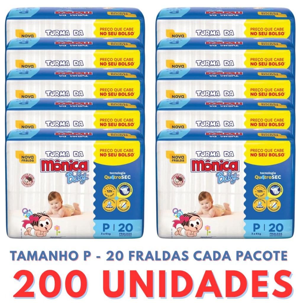 Kit 10 pacote de fralda turma mônica tamanho do RN ao XGG + sabonete + lenço umedecido