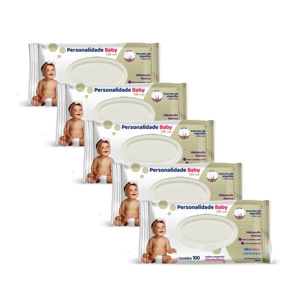 Kit 5 Pacotes Personalidade Baby 100 Toalha Umedecidas Cada - 500 total
