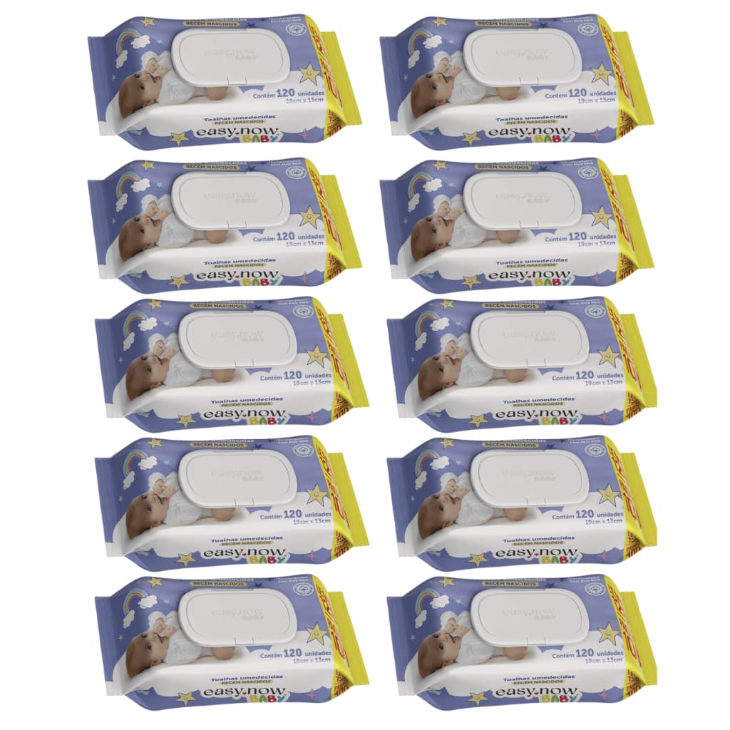 Toalhas Umedecidas para Bebê 10 Pacotes de 120 Folhas cada com Tampa Flip Top Easy Now Baby