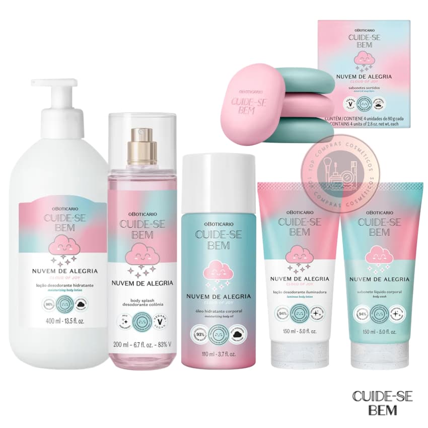 Linha Cuide-se Bem Nuvem de Alegria: Loção Corporal Iluminadora, Body Splash, Óleo Hidratante, Sabonete Líquido e mais