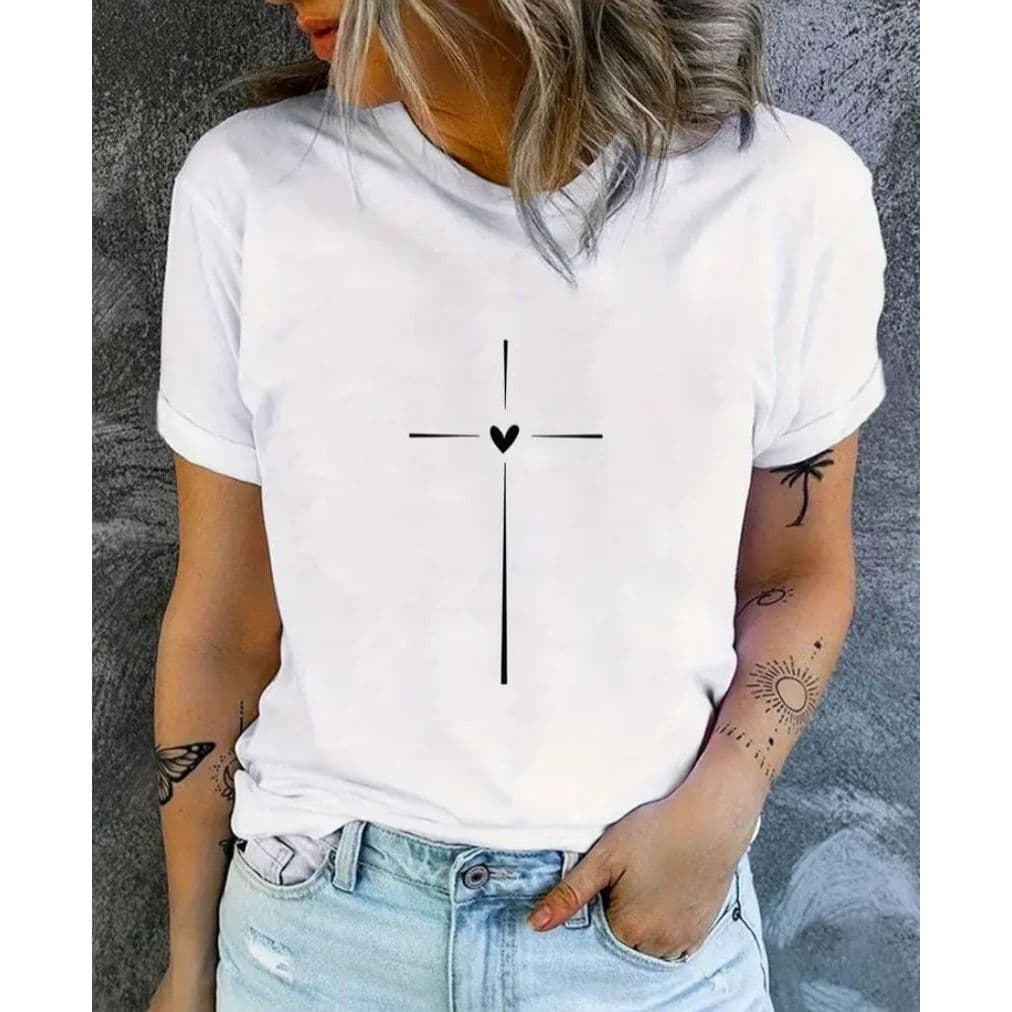 Blusa T-shirt Feminina Cruz Coração Confortável 100% Algodão Presente Dia Das Mães