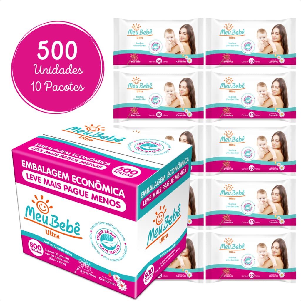 Kit 500 lenços/Toalhas umedecidas meu bebe caixa com 10 pacotes 50 unidades cada