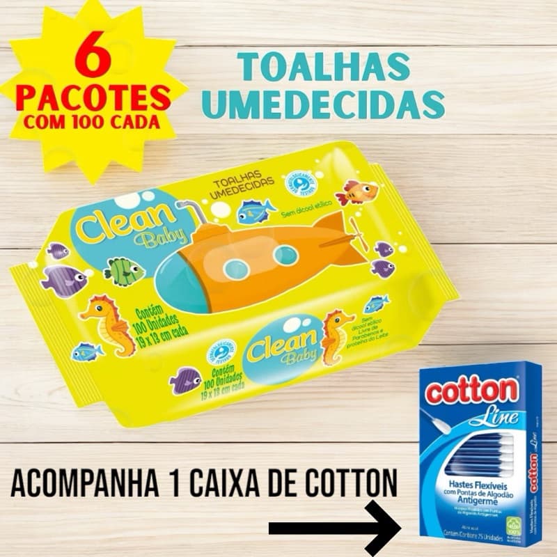 600 Toalhas Umidecidas Bebê Higiene 6 Pacotes e Caixinha com 100 Astes Flexíveis