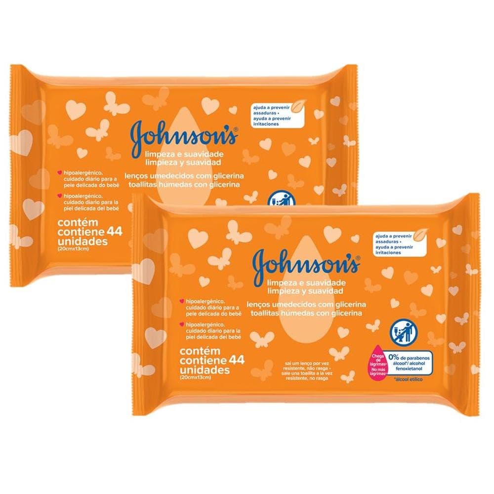 Kit com 2 Johnson's Baby Toalhinhas Limpeza e Suavidade 88 unidade (44 unidades cada)