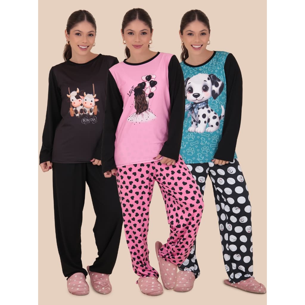 Kit 3 Pijamas Feminino Manga Longa Layla Suede Felpado Inverno Moda Feminina