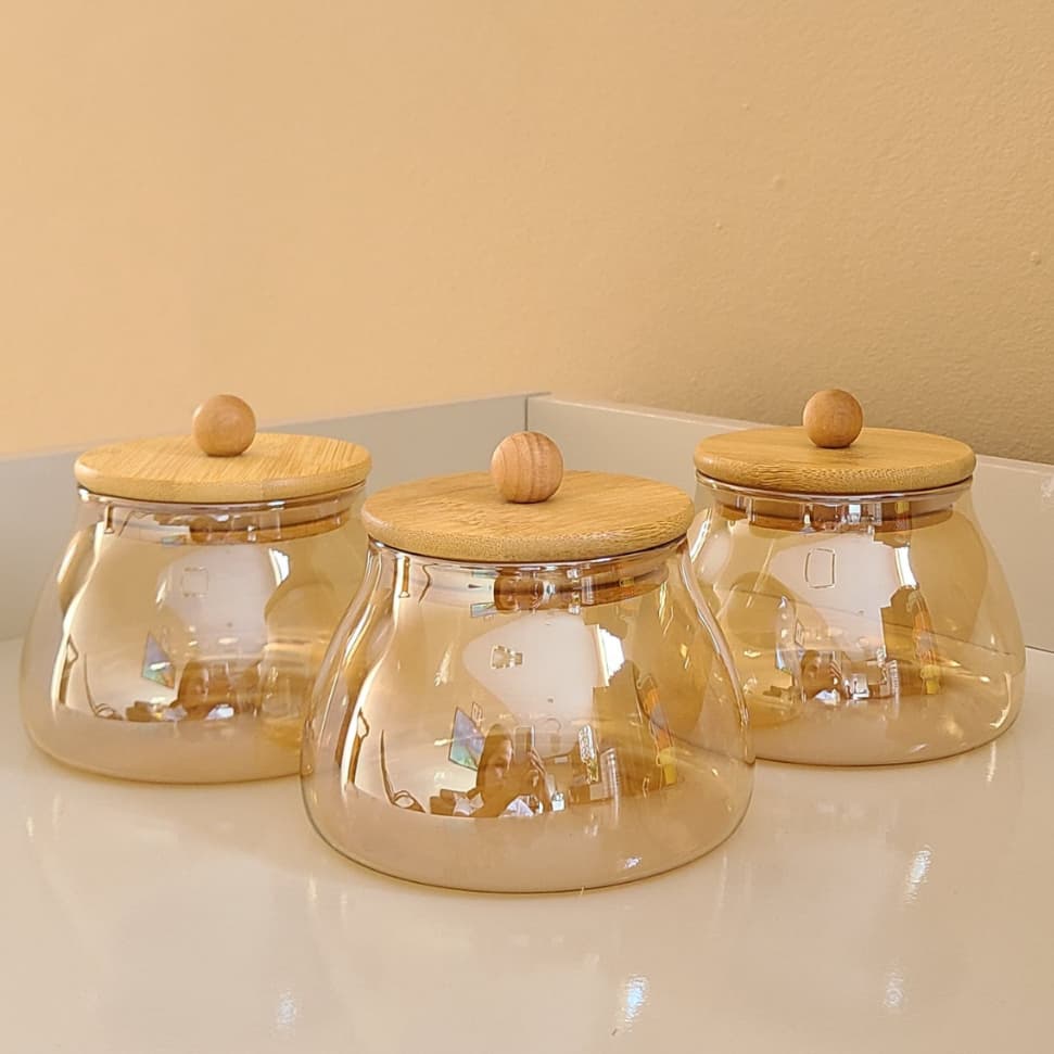 Pote de Vidro Dourado Hermético AMBAR BOLINHA P 450ML C/ Tampa Bambu