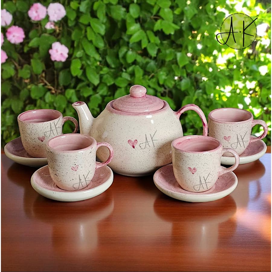 Kit Jogo de Chá Café 4 Unid. Xícara 70ml + Bule 700ml ou Chaleira 1,2L Cerâmica Cantinho do Café Decoração Pintado à Mão