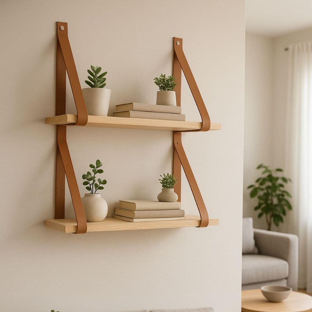 Kit 2 Prateleira em Madeira Com alça de Couro Suporte de Parede