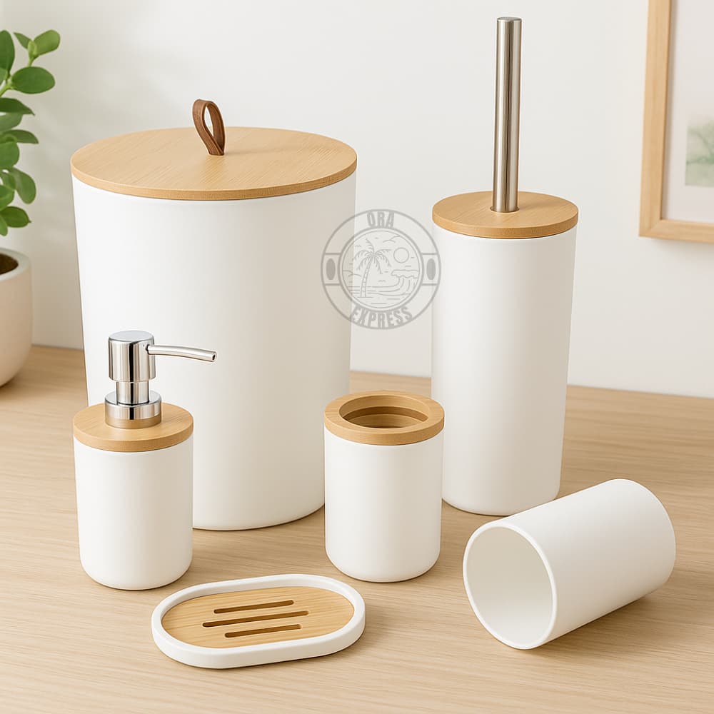 Kit Banheiro Conjunto Acessórios Higiene Lixeira Lavabo 6 Luxo Peças Tampa Bambu Escova Sanitária
