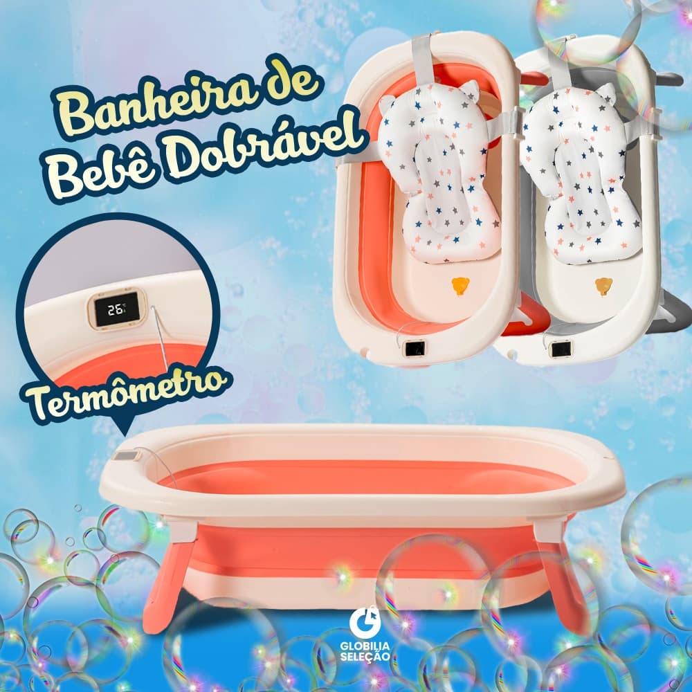 Banheira de Bebê Dobrável Infantil Confortável Segura Com Termômetro Portátil Com Almofada De Banho PP